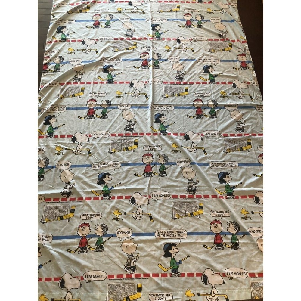 Vintage Peanuts Charlie Brown Twin Sheet Set Flat Fitted Hockey - Picture 6 of 7